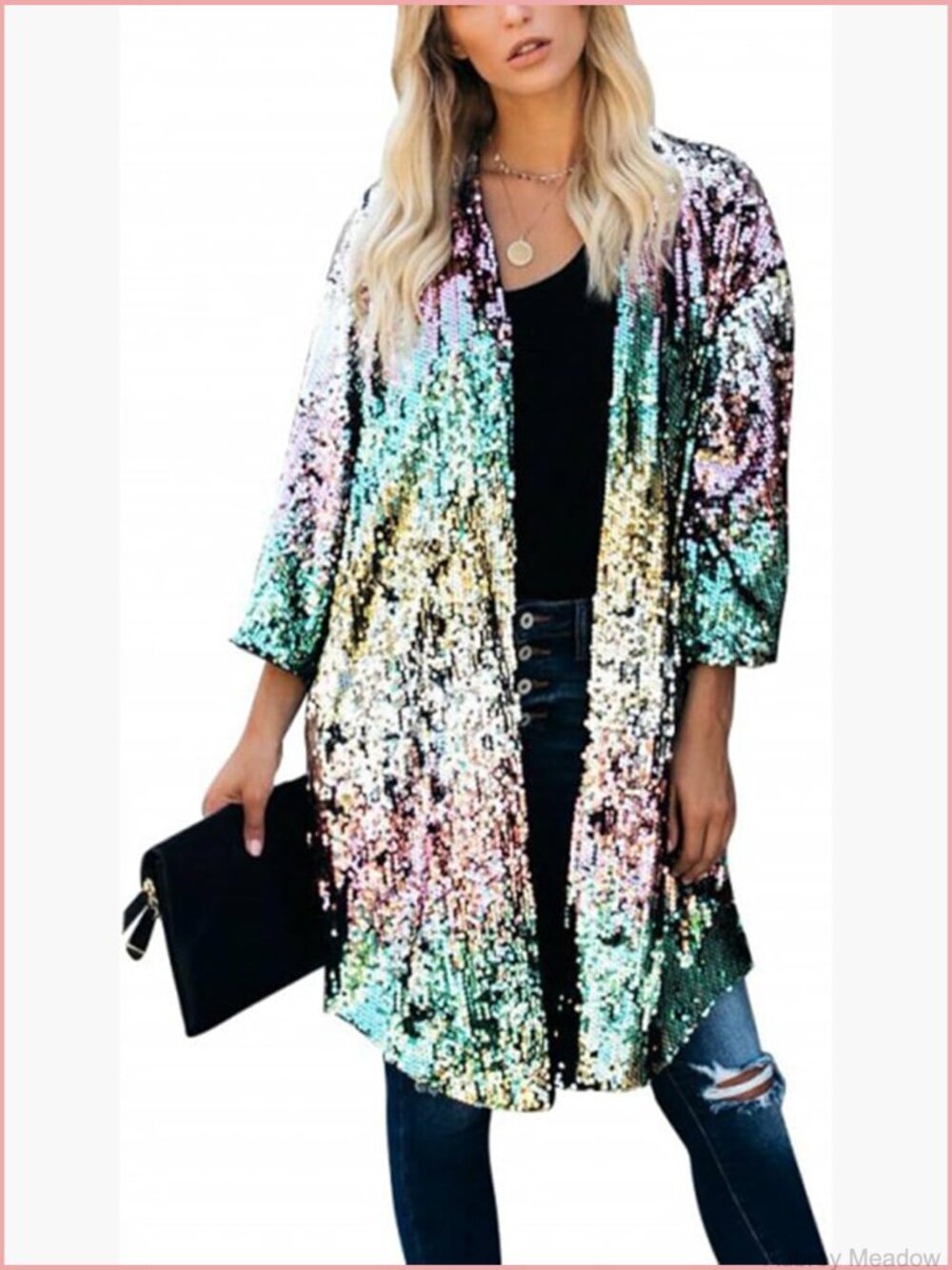 Sparkly Sequin Open Front Long Blazer with 3/4 Sleeves - Shiny Duster Cardigan